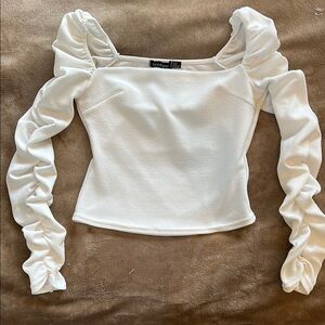 Boohoo White Ruched Sleeve Top